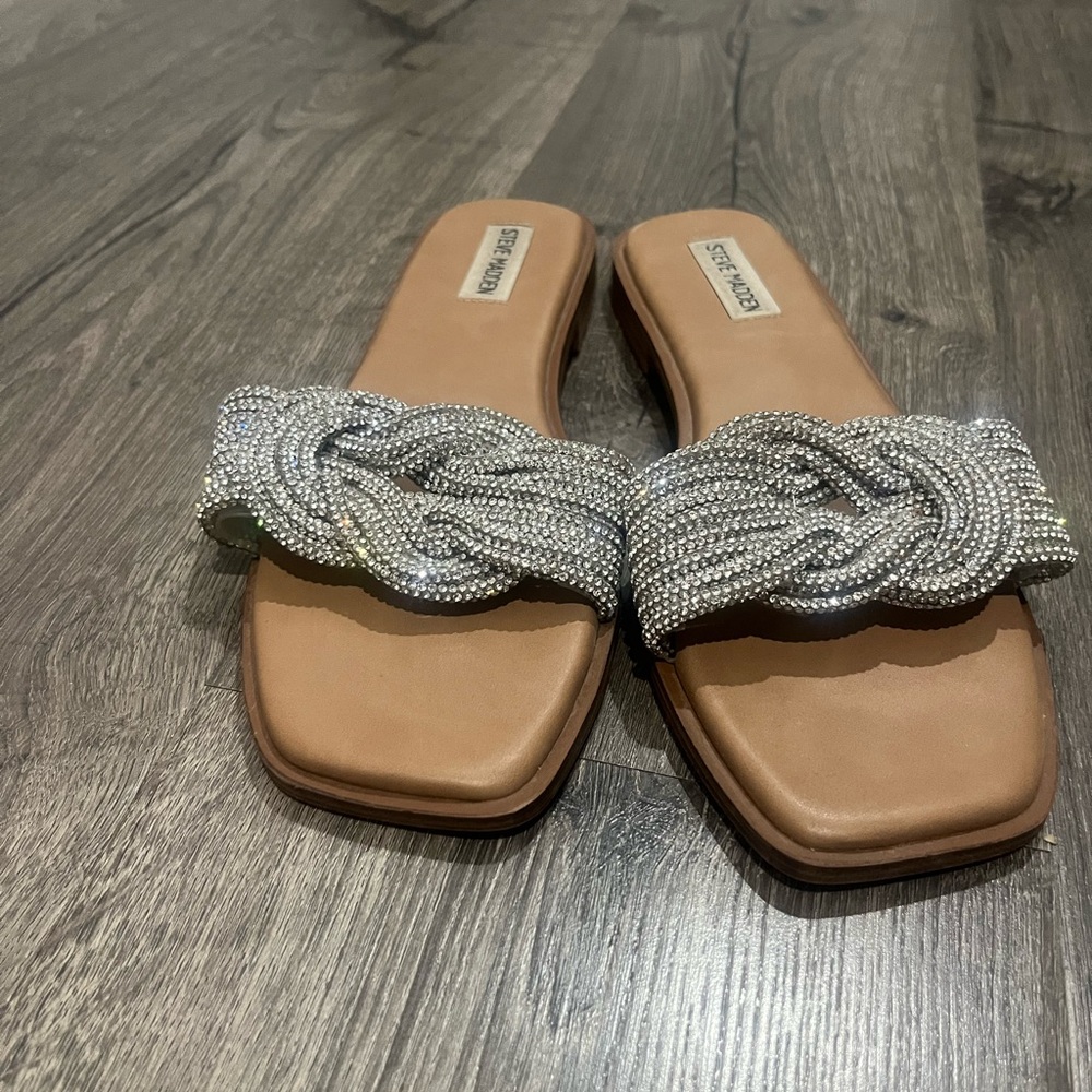 Steve Madden Silver Crystal Braided Slide Sandals - Tan Footbed